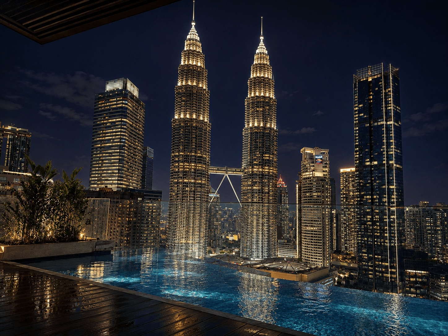 The Petronas Twin Towers and Kuala Lumpur skyline at night