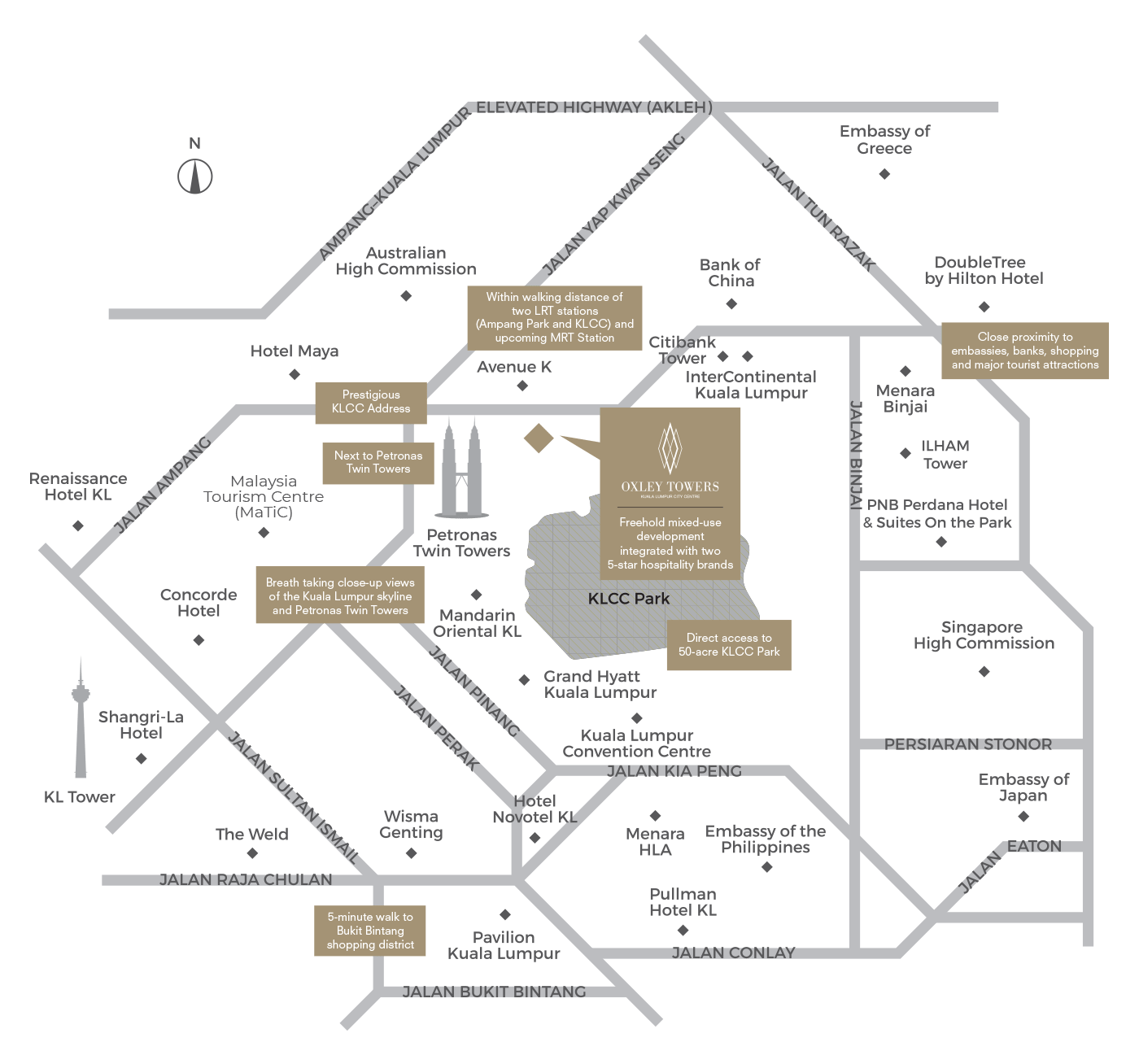 Jewel by Oxley KLCC location map showing Petronas Twin Towers, KLCC Park and nearby transport