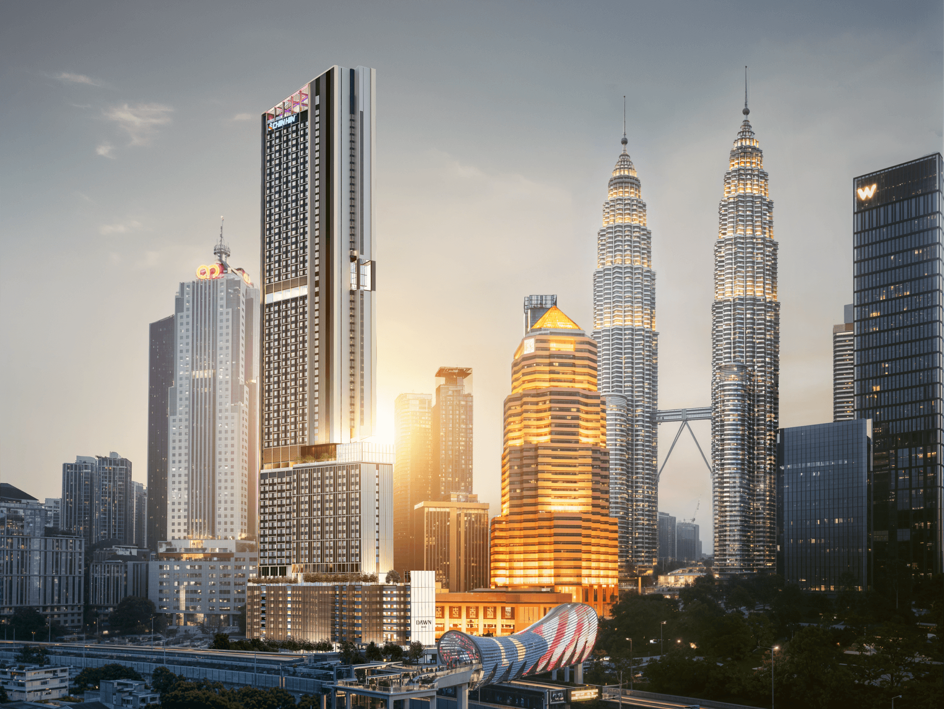 Dawn KLCC tower overlooking the Kuala Lumpur skyline