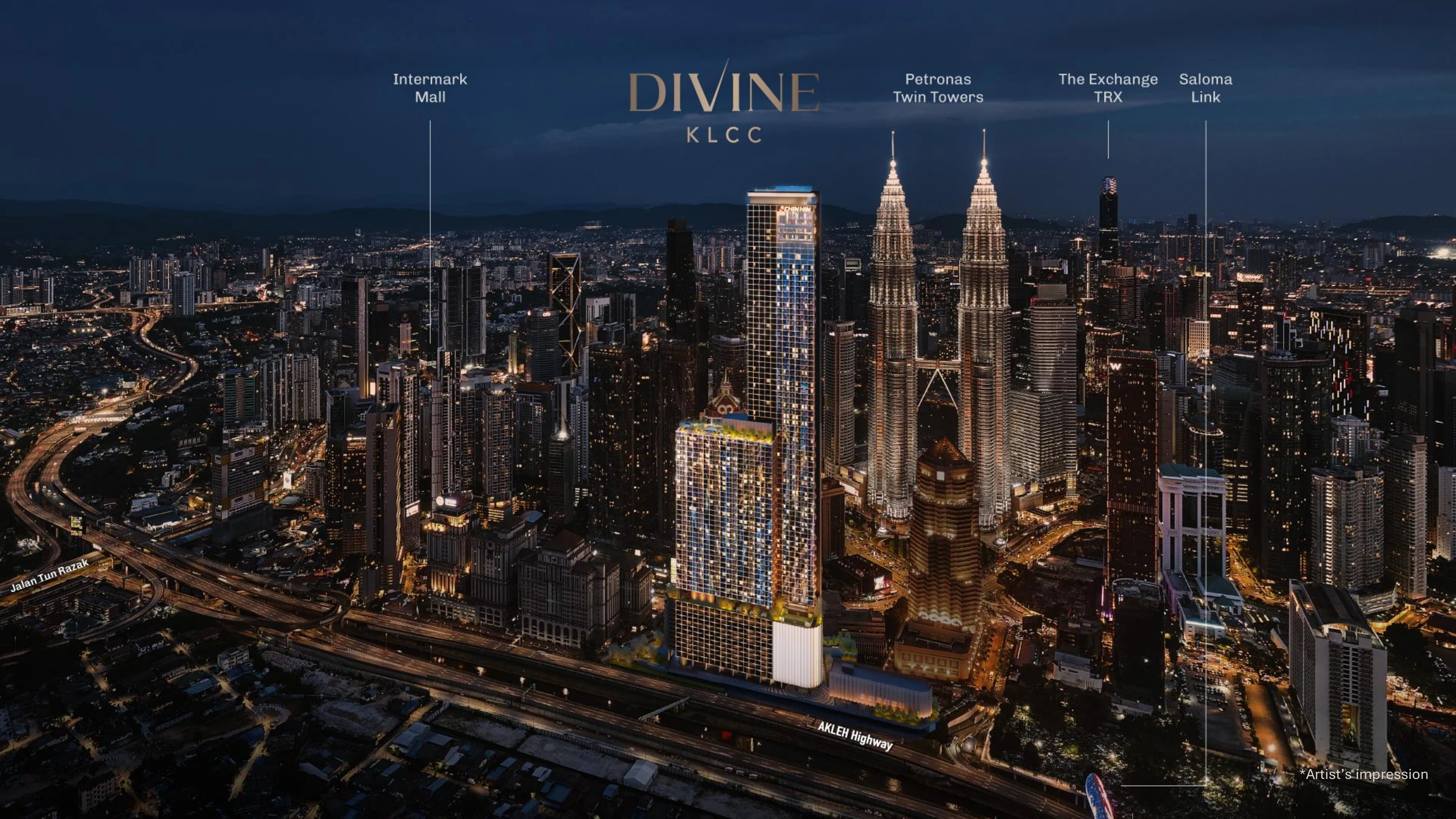 Divine KLCC tower positioned near the Petronas Twin Towers