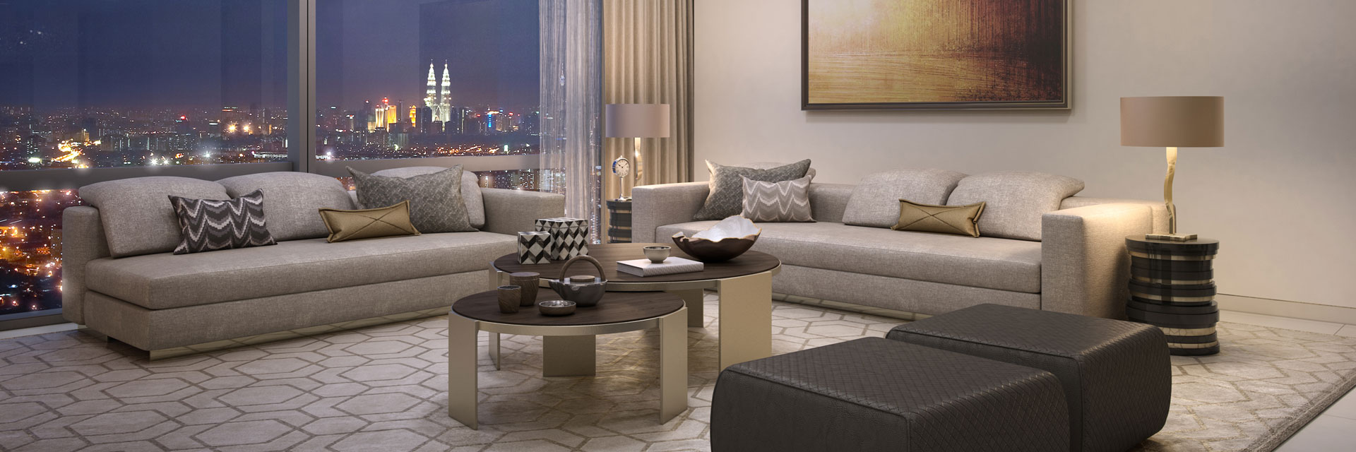 Crown Residences 客厅效果图，窗外为吉隆坡城市景观