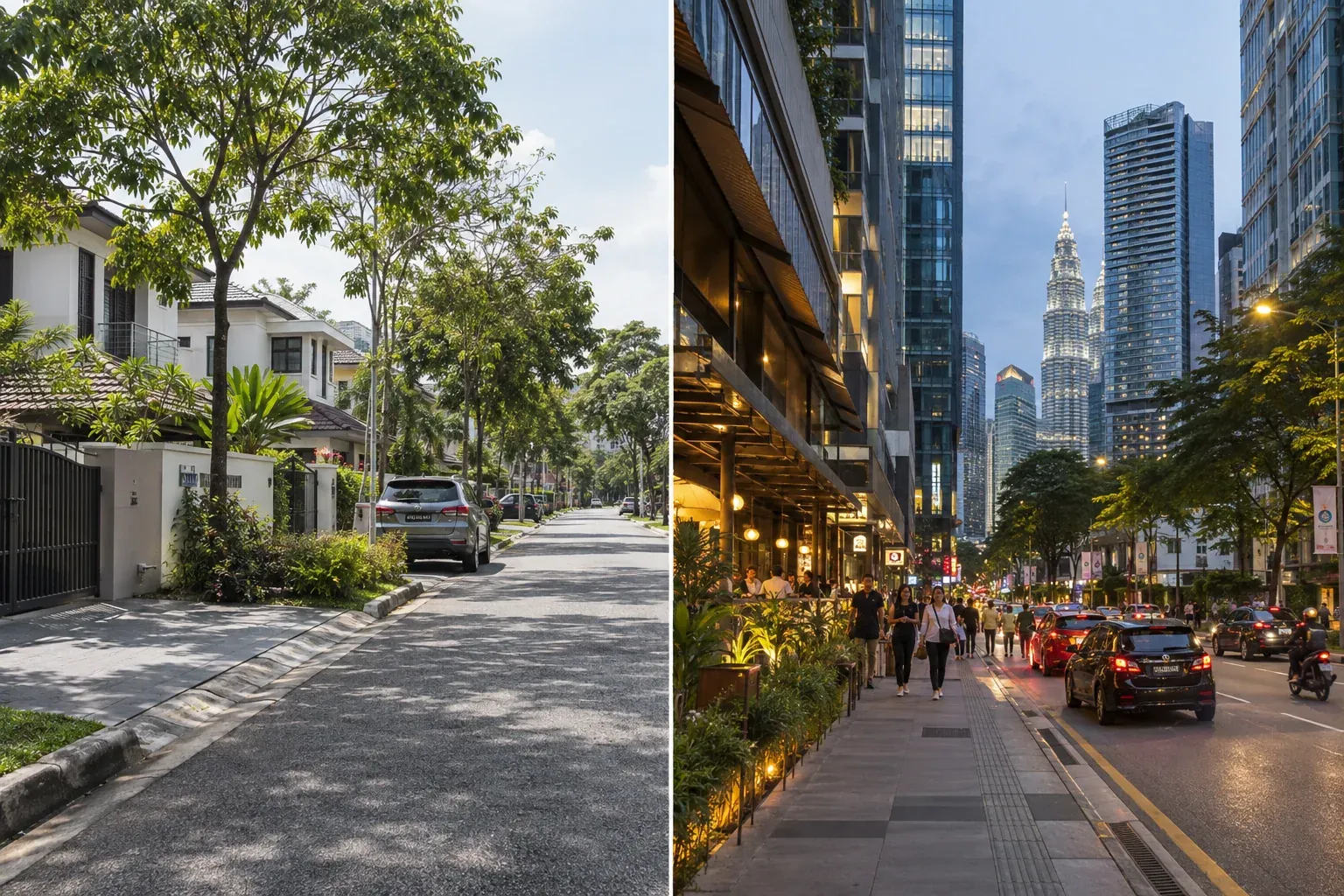 AI 生成示意图：安静住宅区与吉隆坡市中心生活对比