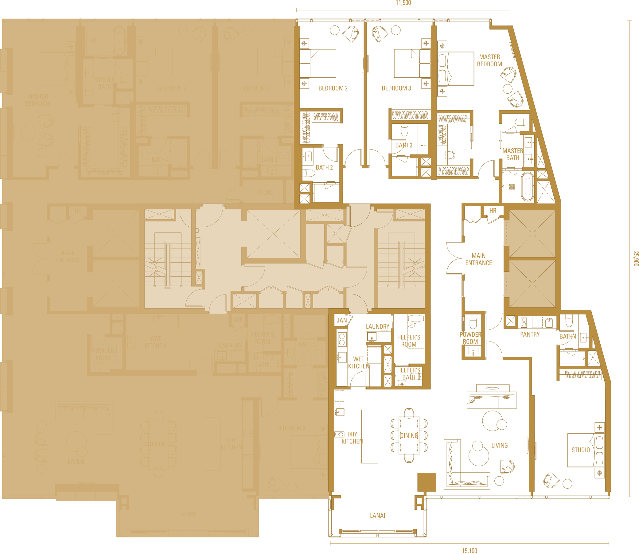 Imperial Residences 帝国私邸 H1A 3,380 方尺三套房加独立单间公寓户型图