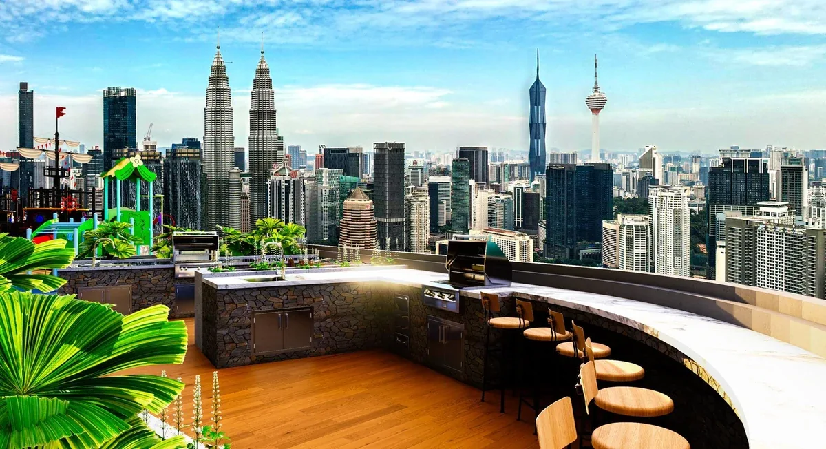 KL360空中休息区设计图，可见双子塔和吉隆坡天际线