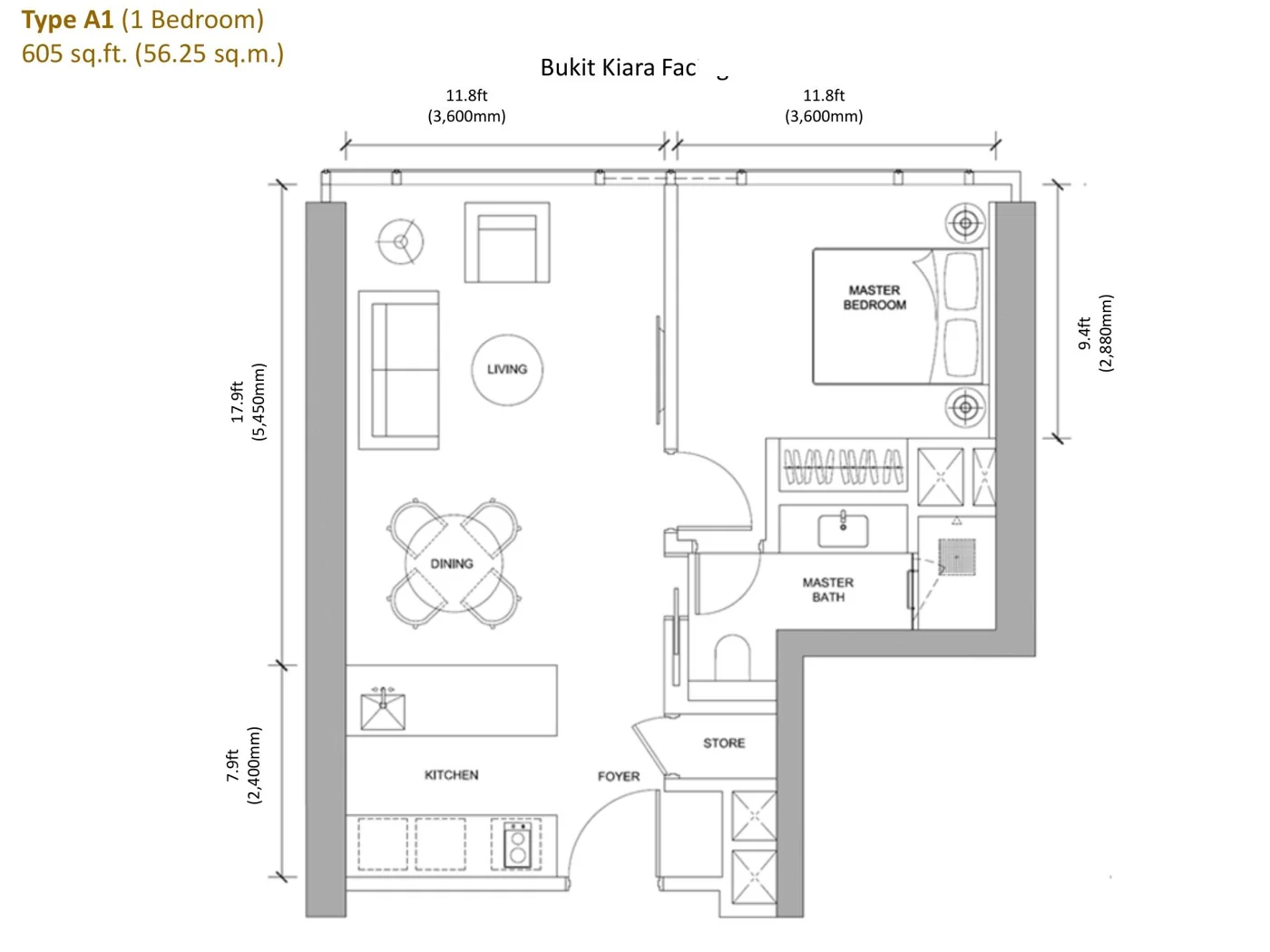 Regent Suites A1 一房户型图，605 方尺