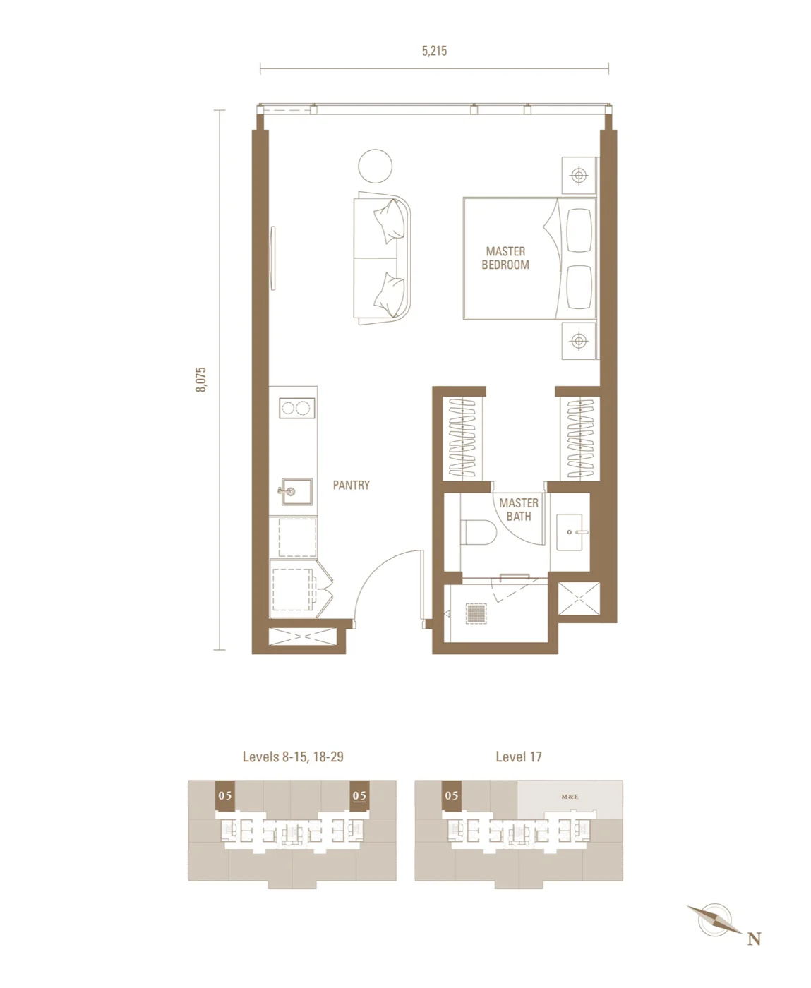Royal Suites S1 单间公寓户型图，452 方尺