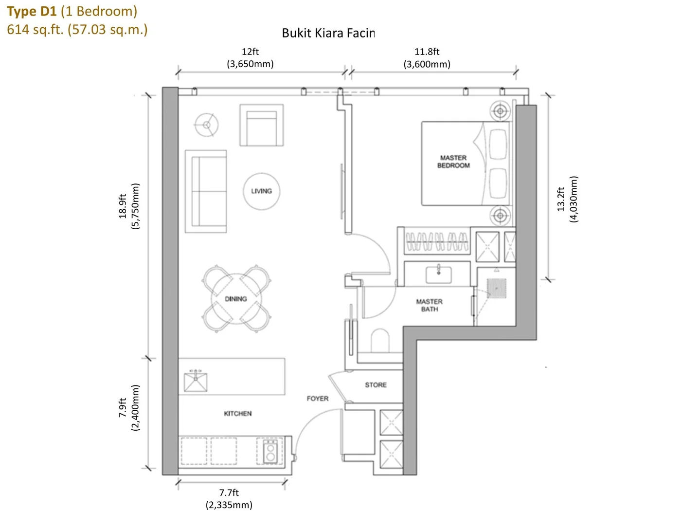 Windsor Suites D1 一房户型图，614 方尺