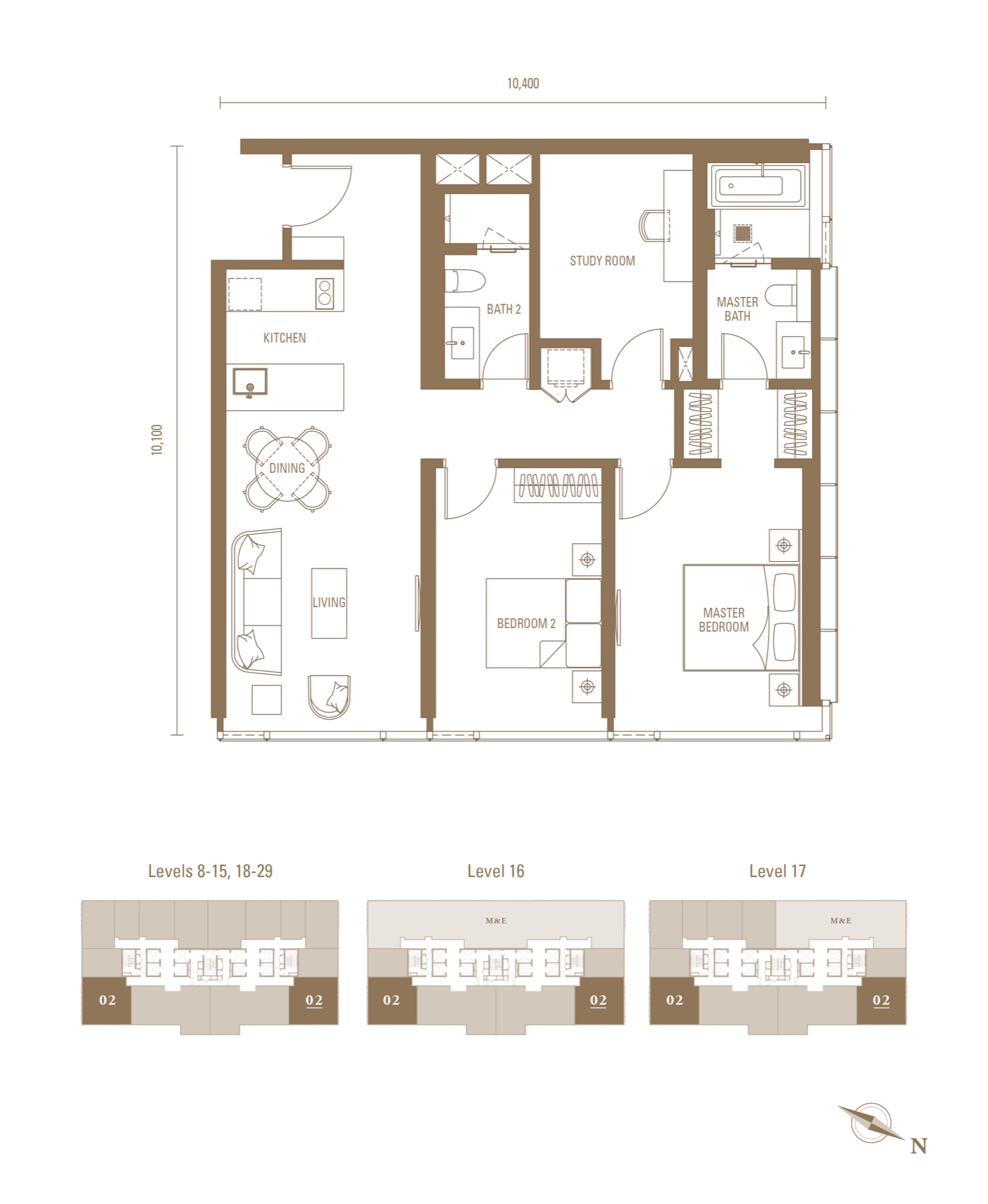 Royal Suites M1 1,119 方尺两房加书房户型图