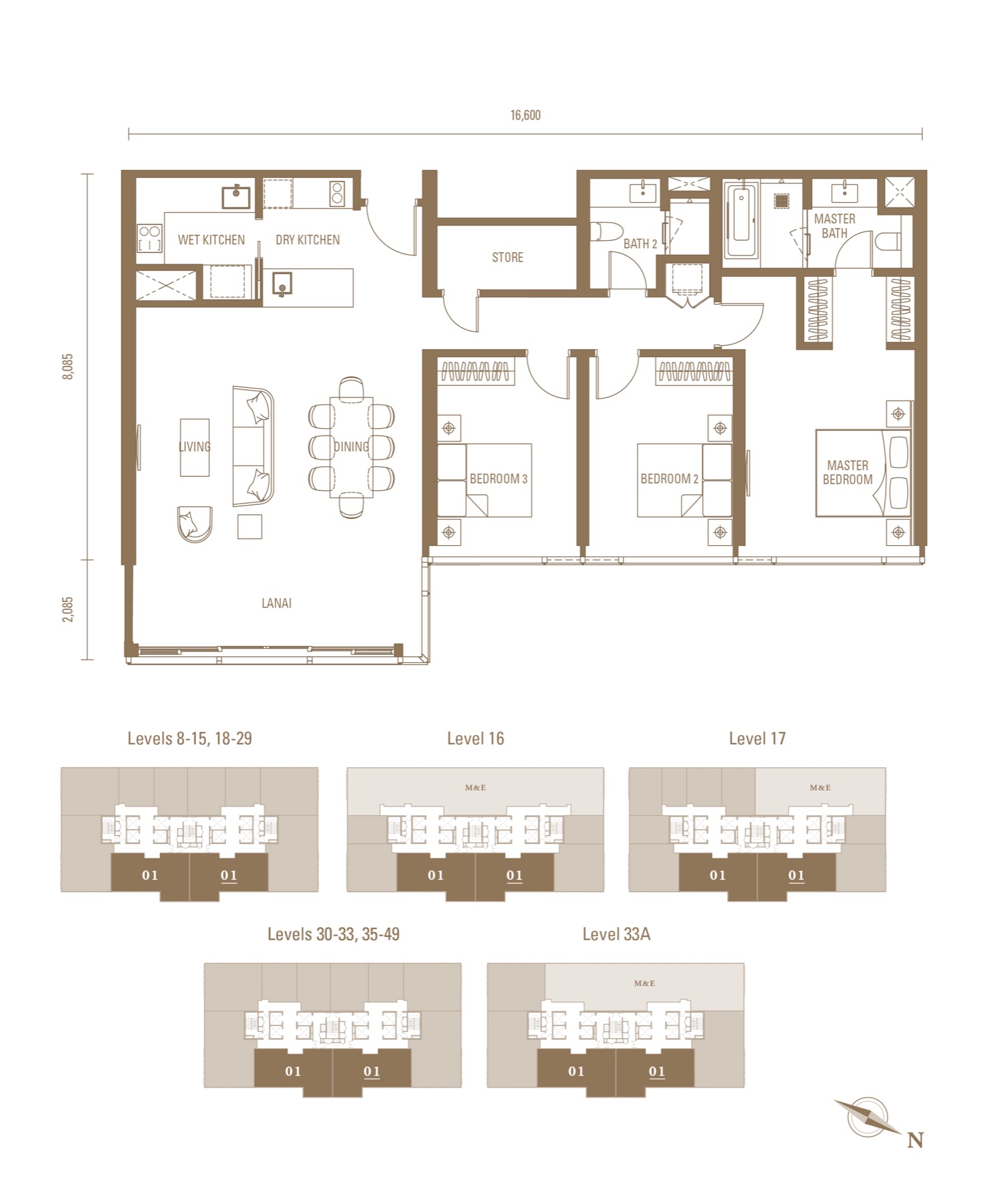 Royal Suites M2 1,550 方尺三房户型图