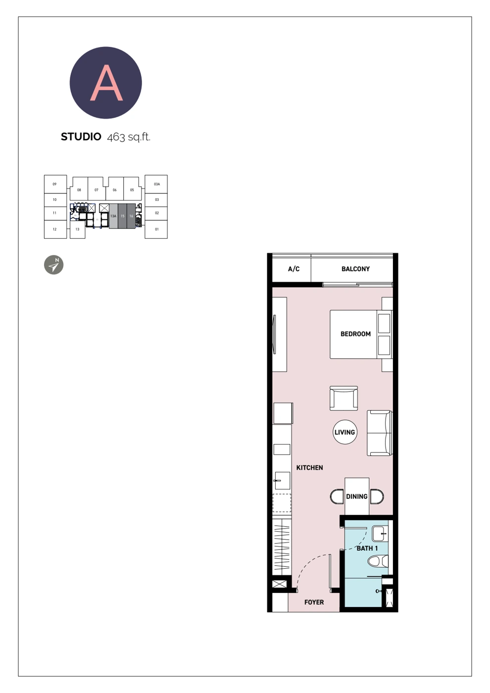 SWNK Houze A 户型图：Studio 开放式套房，463 平方尺
