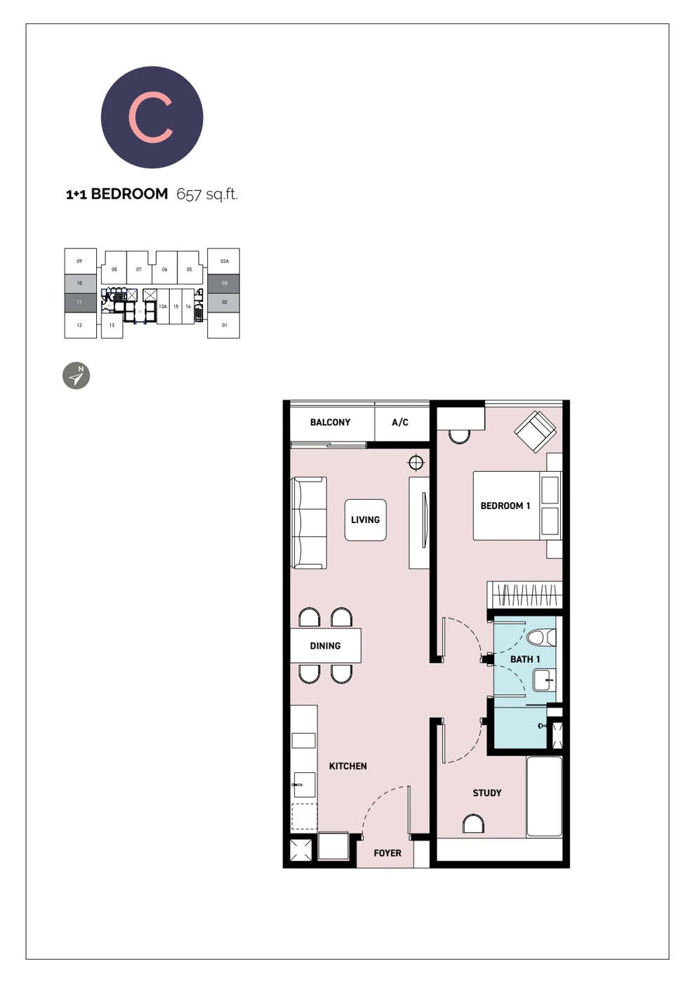 SWNK Houze C 户型图：一房＋书房，657 平方尺